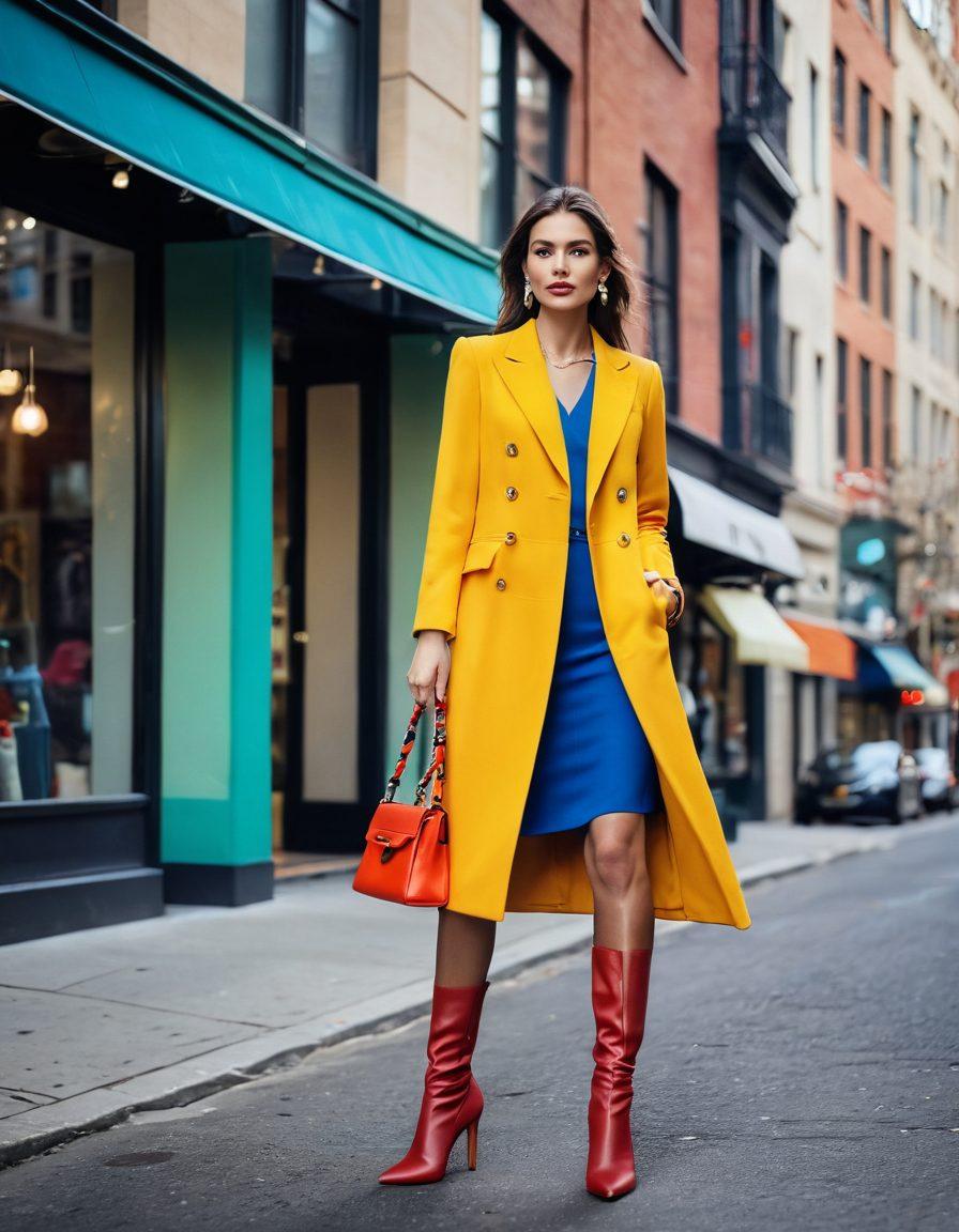 A stylish woman wearing chic heels and elegant high boots, confidently strutting on a city street with vibrant storefronts in the background. She is surrounded by colorful fashion accessories like a designer handbag and striking jewelry, embodying modern elegance. The scene captures an essence of glamour and sophistication, inviting viewers to explore the allure of fashionable footwear. Surrealistic style with vibrant colors and dynamic perspective.