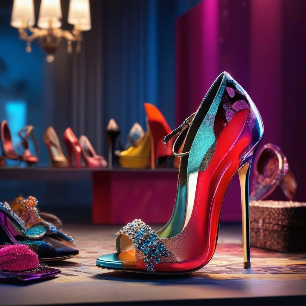 A glamorous display of extreme stilettos and chic heels, showcased on a stylish runway, surrounded by vibrant fashion accessories. The scene should be alive with dynamic lights and a chic audience, capturing the essence of high fashion and elegance. Include a variety of colors and patterns, highlighting the unique designs of the shoes. super-realistic. vibrant colors. high-fashion setting.