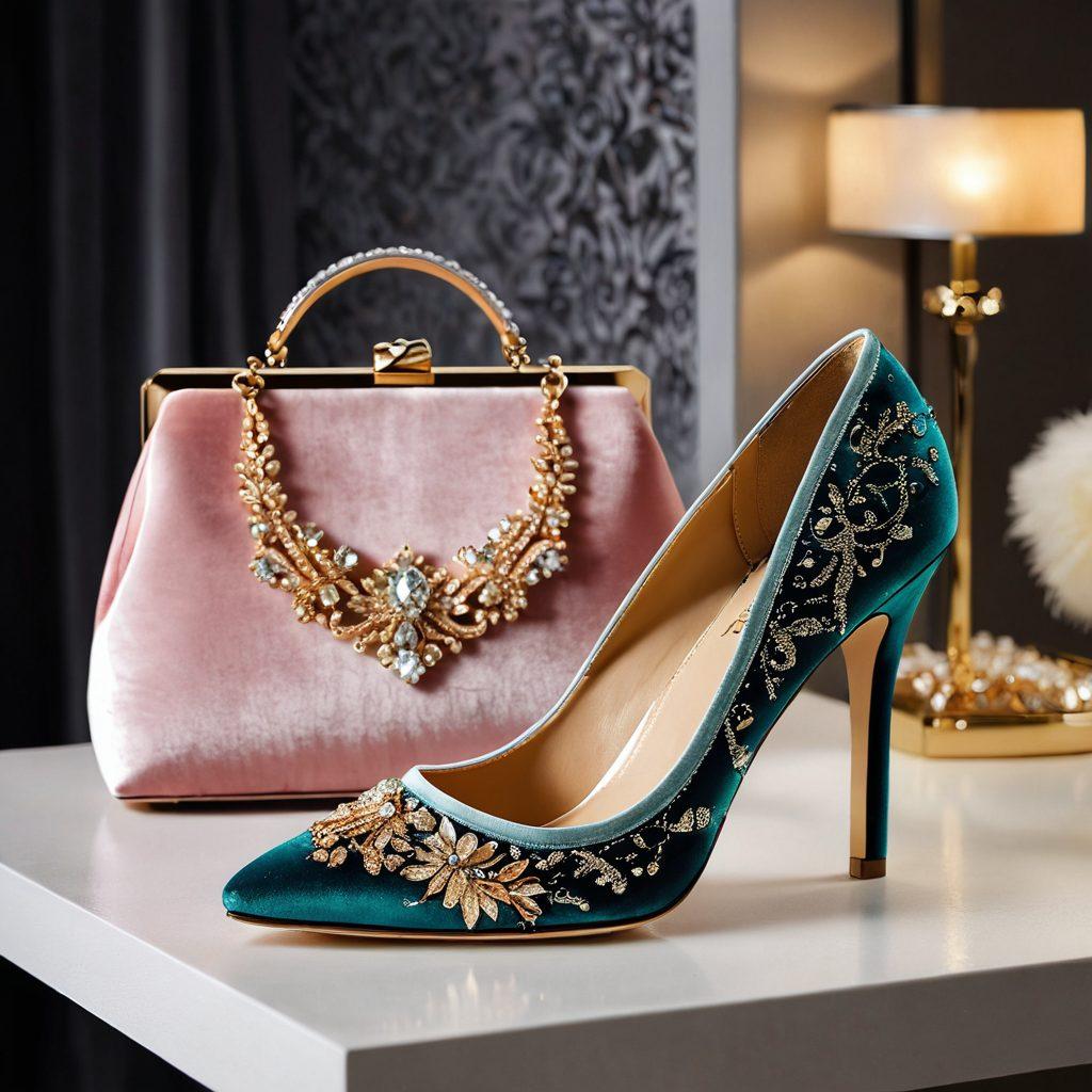 A chic and stylish showcase of women's footwear, highlighting a glamorous high-heeled shoe with intricate designs and luxurious materials, placed on a plush velvet cushion. Surround the shoe with trendy fashion accessories like a sparkling clutch and delicate jewelry, bathed in soft, warm lighting that evokes comfort. The background features subtle hints of a modern, elegant boutique setting, enhancing the upscale vibe. super-realistic. vibrant colors. white background.
